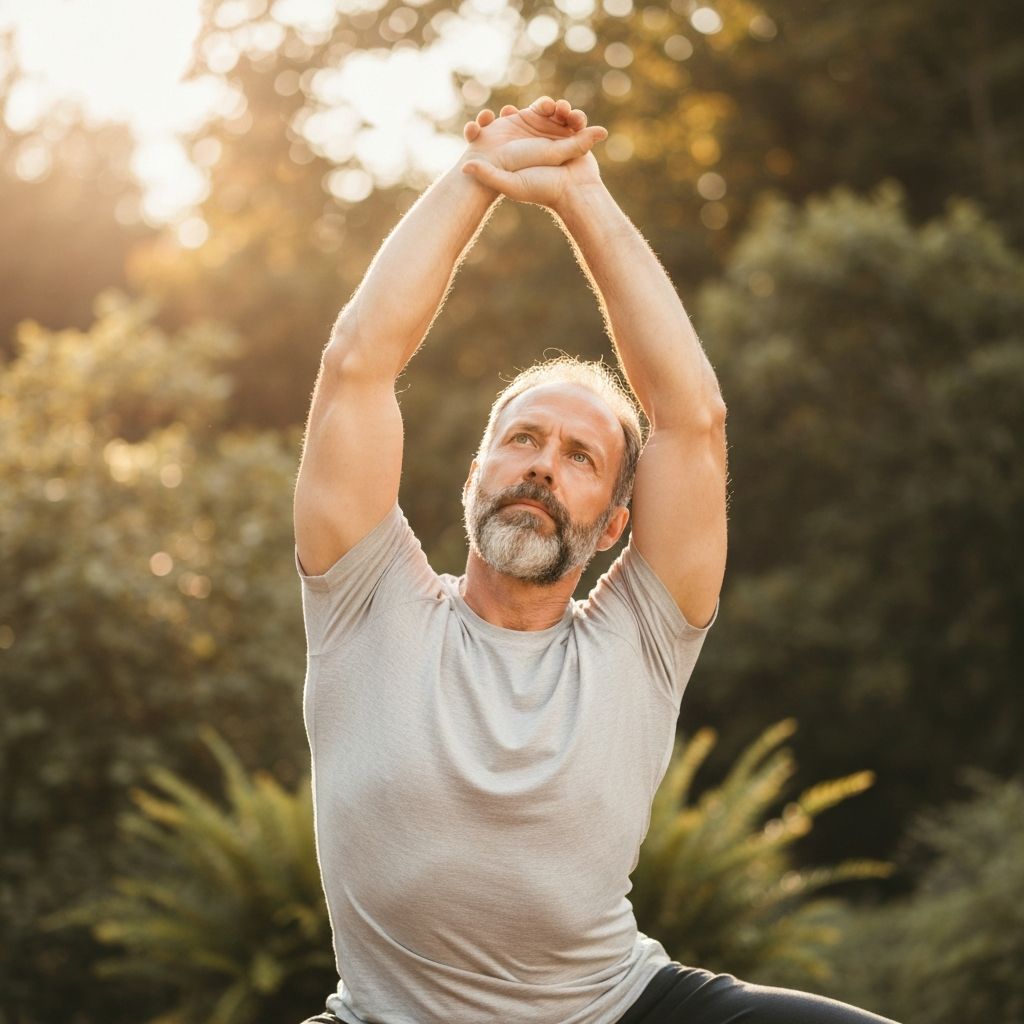 Person engaged in gentle yoga and stretching in natural environment